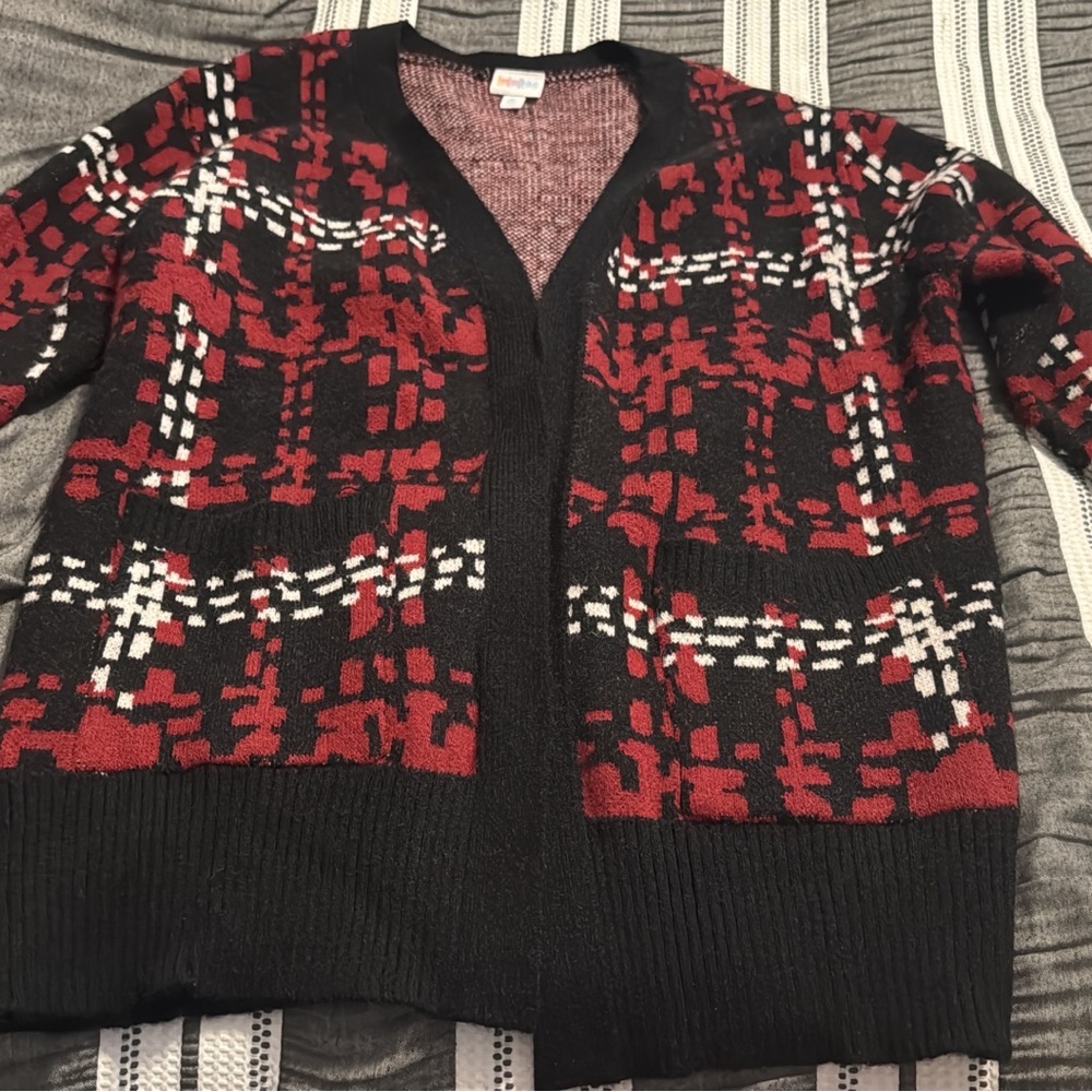 LuLaRoe Maroon and Black Plaid Cardigan